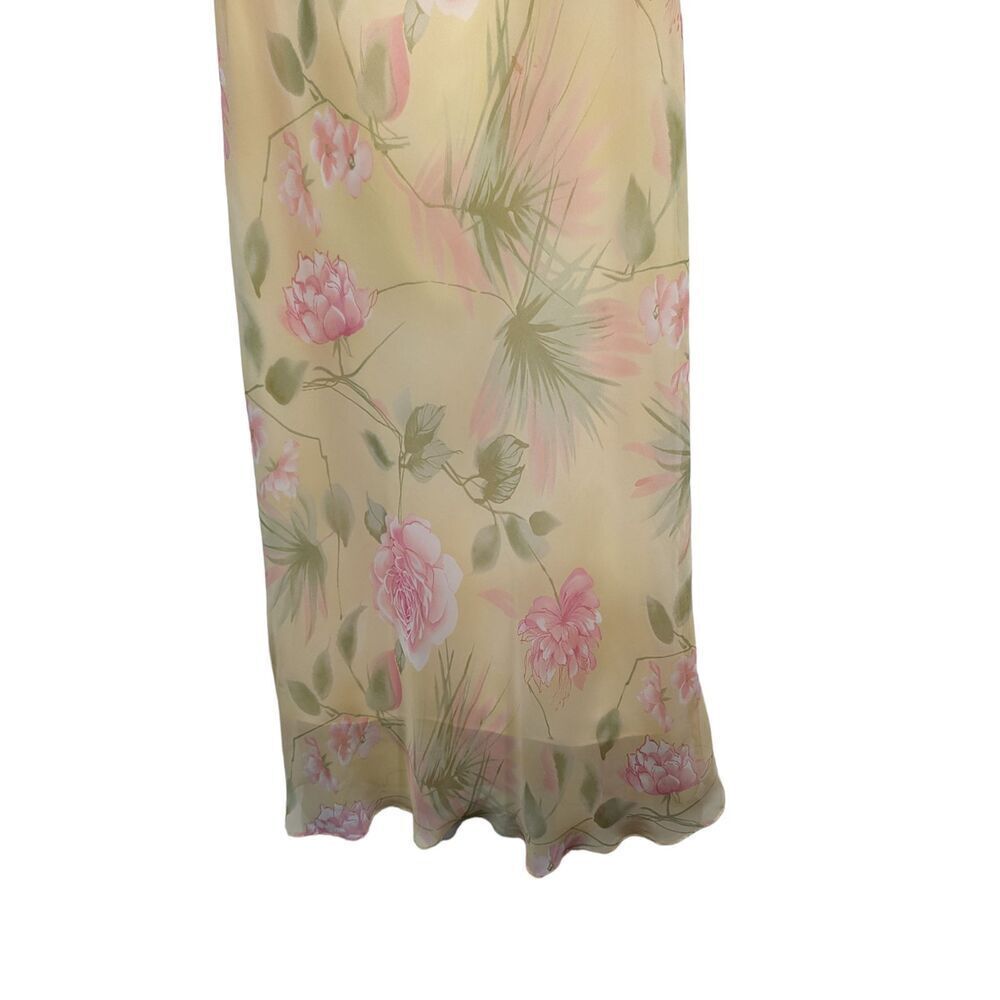 Vintage Menu Yellow Floral Sheer Rosette Flutter Sleeve Maxi Shift Dress, 12 - Picture 3 of 7